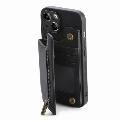 D15 For iPhone 15 Case Retro Kickstand Phone Cover PU+TPU Wallet Protective Shell