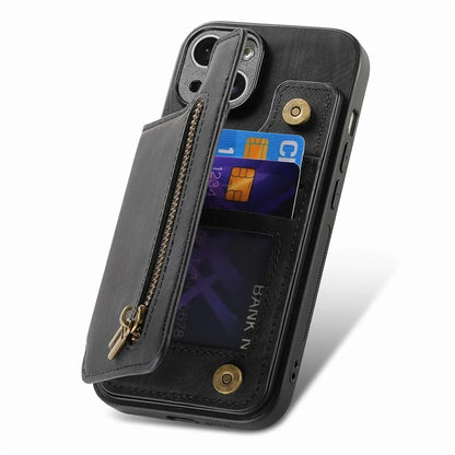 D15 For iPhone 15 Case Retro Kickstand Phone Cover PU+TPU Wallet Protective Shell