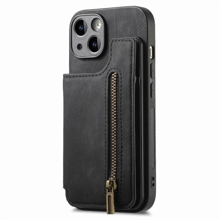 D15 For iPhone 15 Case Retro Kickstand Phone Cover PU+TPU Wallet Protective Shell