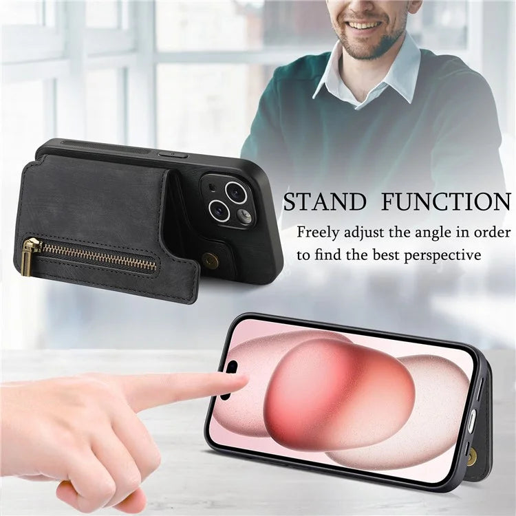 D15 For iPhone 15 Case Retro Kickstand Phone Cover PU+TPU Wallet Protective Shell