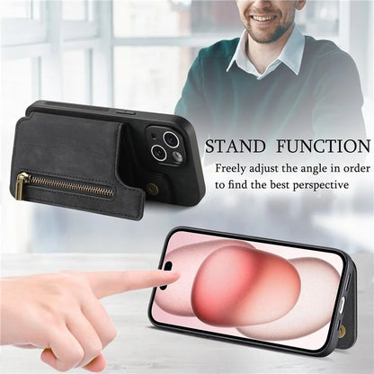 D15 For iPhone 15 Case Retro Kickstand Phone Cover PU+TPU Wallet Protective Shell