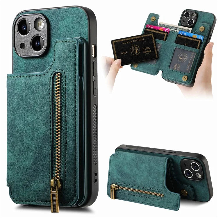 D15 For iPhone 15 Case Retro Kickstand Phone Cover PU+TPU Wallet Protective Shell