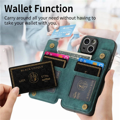 D15 For iPhone 15 Case Retro Kickstand Phone Cover PU+TPU Wallet Protective Shell