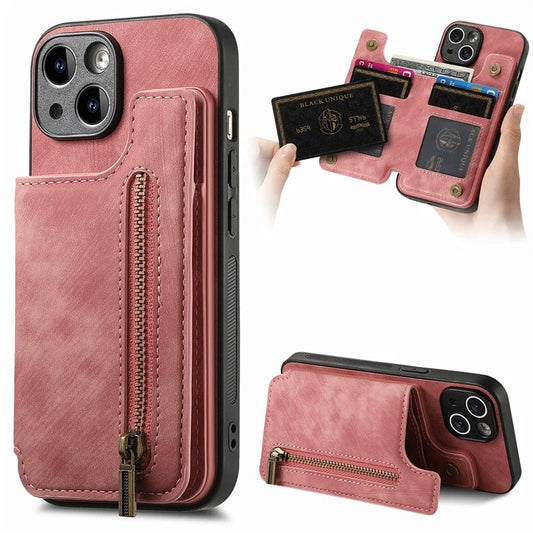 D15 For iPhone 15 Plus Case PU+TPU Phone Protective Shell Retro Kickstand Wallet Cover