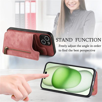 D15 For iPhone 15 Plus Case PU+TPU Phone Protective Shell Retro Kickstand Wallet Cover