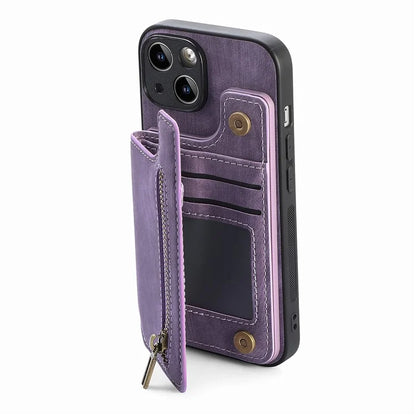 D15 For iPhone 15 Plus Case PU+TPU Phone Protective Shell Retro Kickstand Wallet Cover