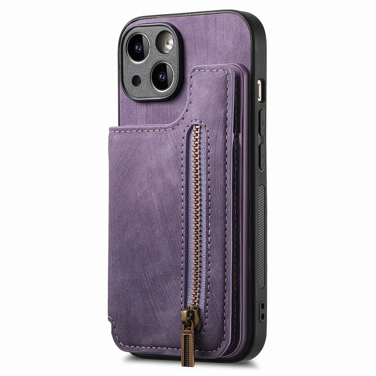 D15 For iPhone 15 Plus Case PU+TPU Phone Protective Shell Retro Kickstand Wallet Cover