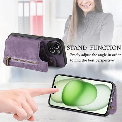 D15 For iPhone 15 Plus Case PU+TPU Phone Protective Shell Retro Kickstand Wallet Cover
