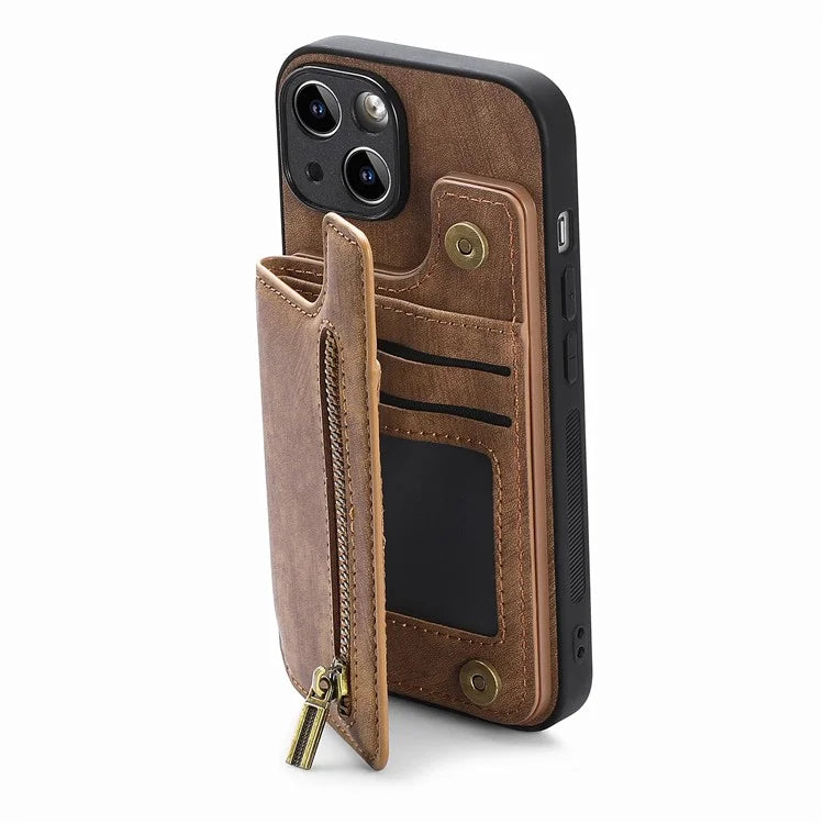 D15 For iPhone 15 Plus Case PU+TPU Phone Protective Shell Retro Kickstand Wallet Cover