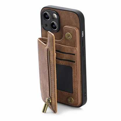 D15 For iPhone 15 Plus Case PU+TPU Phone Protective Shell Retro Kickstand Wallet Cover