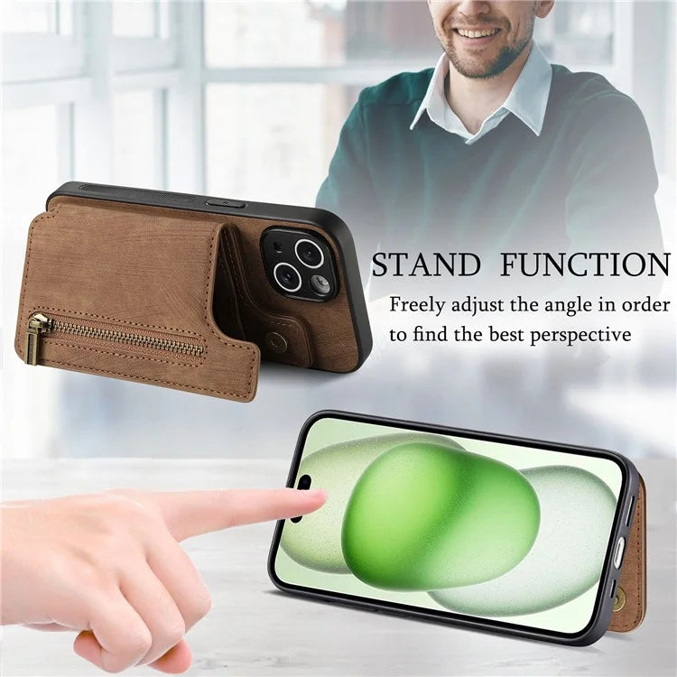 D15 For iPhone 15 Plus Case PU+TPU Phone Protective Shell Retro Kickstand Wallet Cover