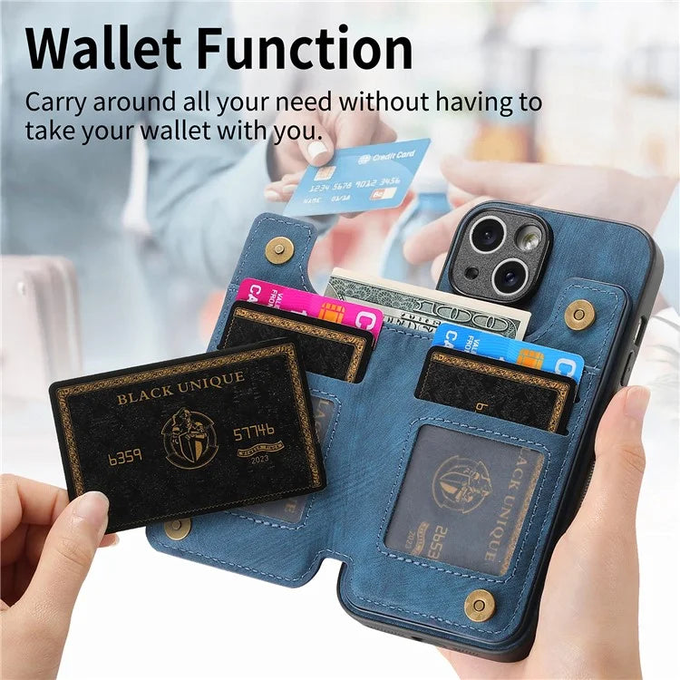 D15 For iPhone 15 Plus Case PU+TPU Phone Protective Shell Retro Kickstand Wallet Cover