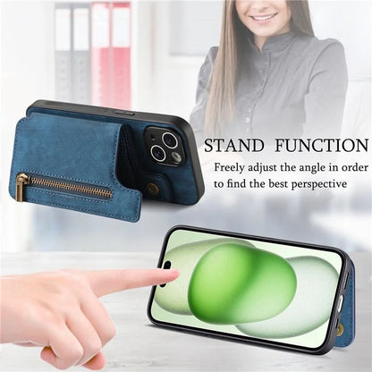 D15 For iPhone 15 Plus Case PU+TPU Phone Protective Shell Retro Kickstand Wallet Cover