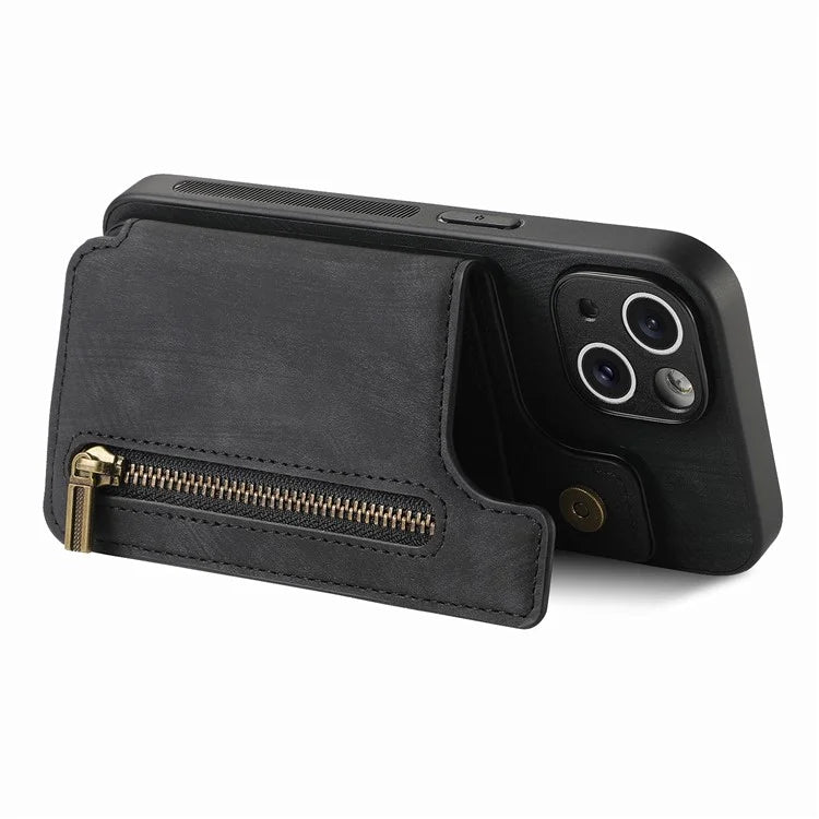D15 For iPhone 15 Plus Case PU+TPU Phone Protective Shell Retro Kickstand Wallet Cover