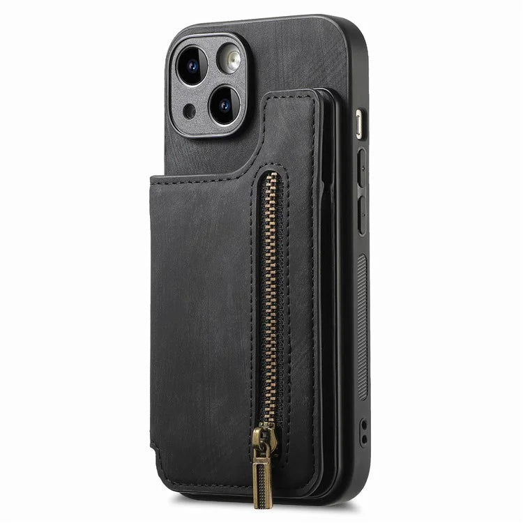 D15 For iPhone 15 Plus Case PU+TPU Phone Protective Shell Retro Kickstand Wallet Cover