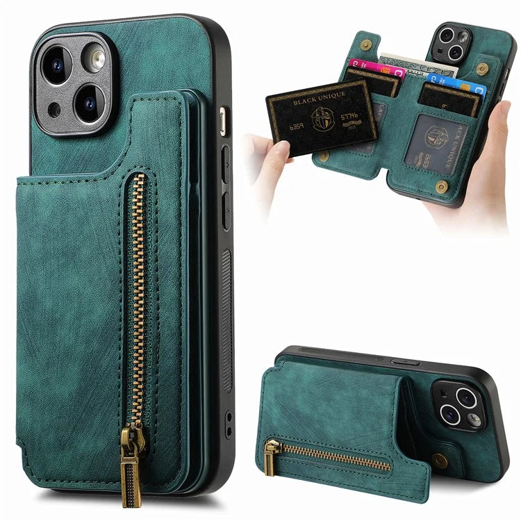 D15 For iPhone 15 Plus Case PU+TPU Phone Protective Shell Retro Kickstand Wallet Cover