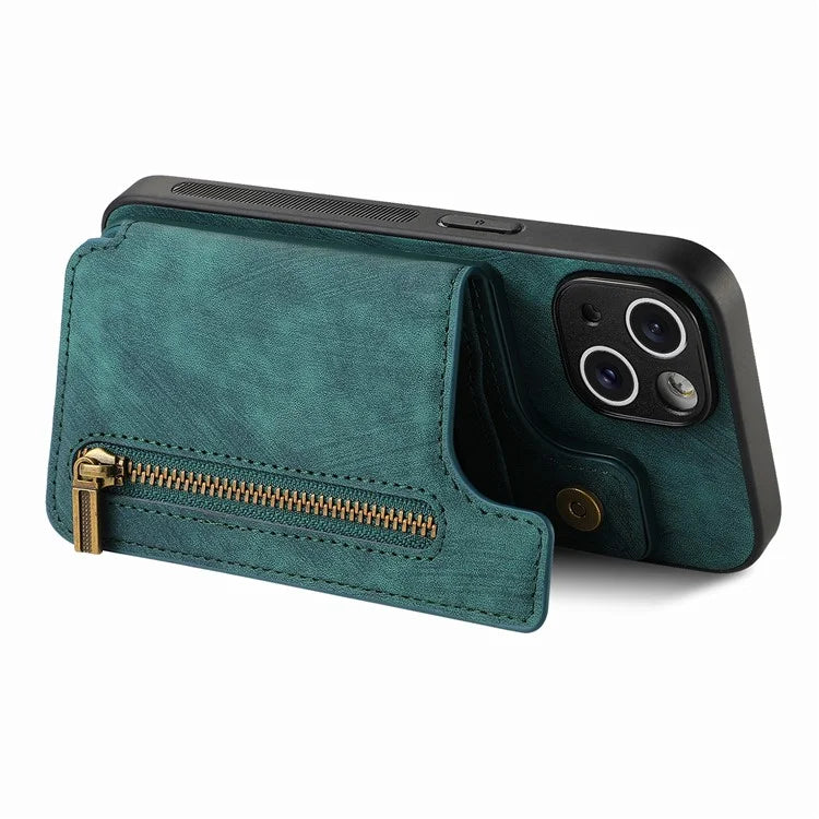 D15 For iPhone 15 Plus Case PU+TPU Phone Protective Shell Retro Kickstand Wallet Cover