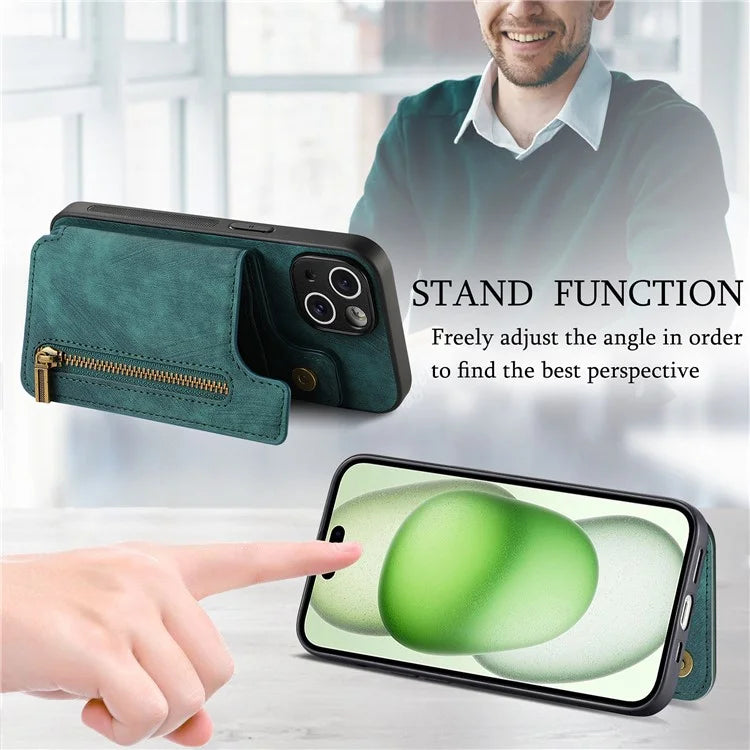 D15 For iPhone 15 Plus Case PU+TPU Phone Protective Shell Retro Kickstand Wallet Cover