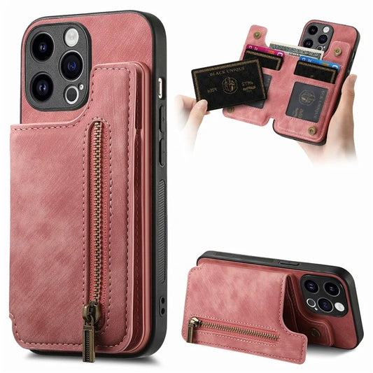 D15 For iPhone 15 Pro Case Retro Leather+TPU Anti-drop Zipper Pocket Phone Kickstand Cover