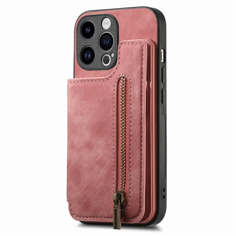 D15 For iPhone 15 Pro Case Retro Leather+TPU Anti-drop Zipper Pocket Phone Kickstand Cover