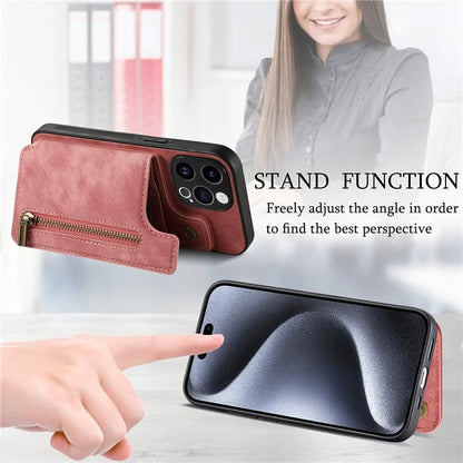 D15 For iPhone 15 Pro Case Retro Leather+TPU Anti-drop Zipper Pocket Phone Kickstand Cover