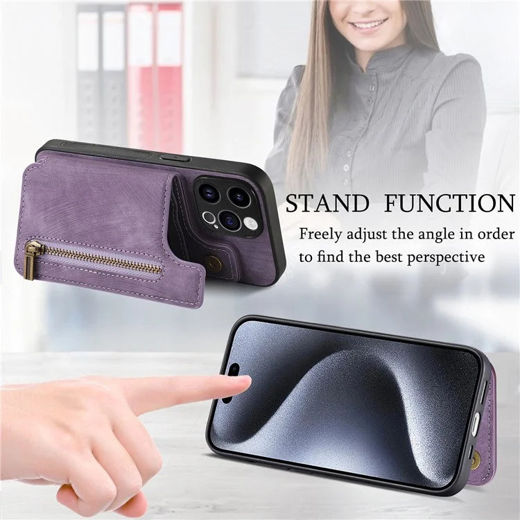 D15 For iPhone 15 Pro Case Retro Leather+TPU Anti-drop Zipper Pocket Phone Kickstand Cover