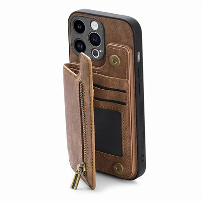 D15 For iPhone 15 Pro Case Retro Leather+TPU Anti-drop Zipper Pocket Phone Kickstand Cover