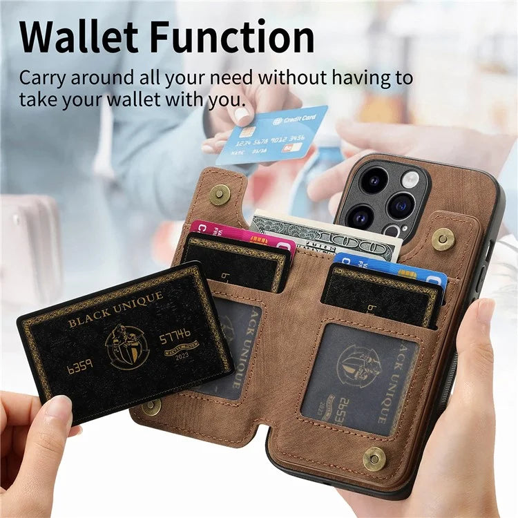 D15 For iPhone 15 Pro Case Retro Leather+TPU Anti-drop Zipper Pocket Phone Kickstand Cover