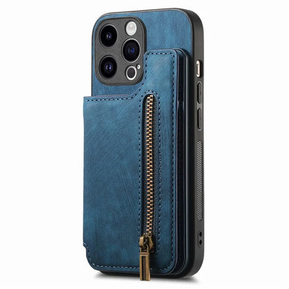 D15 For iPhone 15 Pro Case Retro Leather+TPU Anti-drop Zipper Pocket Phone Kickstand Cover