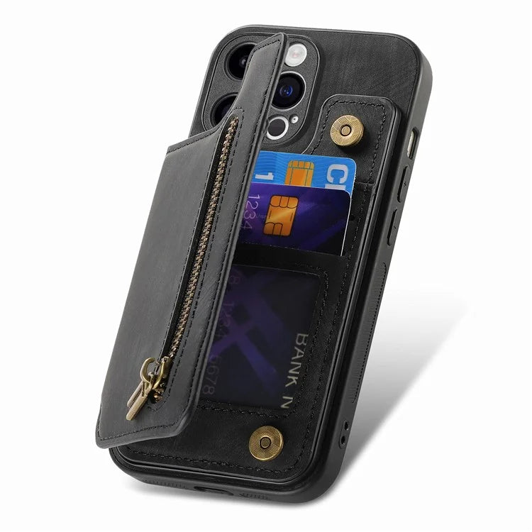 D15 For iPhone 15 Pro Case Retro Leather+TPU Anti-drop Zipper Pocket Phone Kickstand Cover