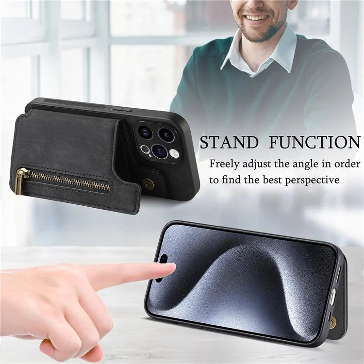 D15 For iPhone 15 Pro Case Retro Leather+TPU Anti-drop Zipper Pocket Phone Kickstand Cover