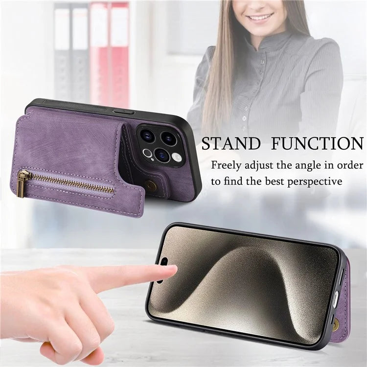 D15 For iPhone 15 Pro Max Kickstand Case Retro PU+TPU Wallet Phone Cover