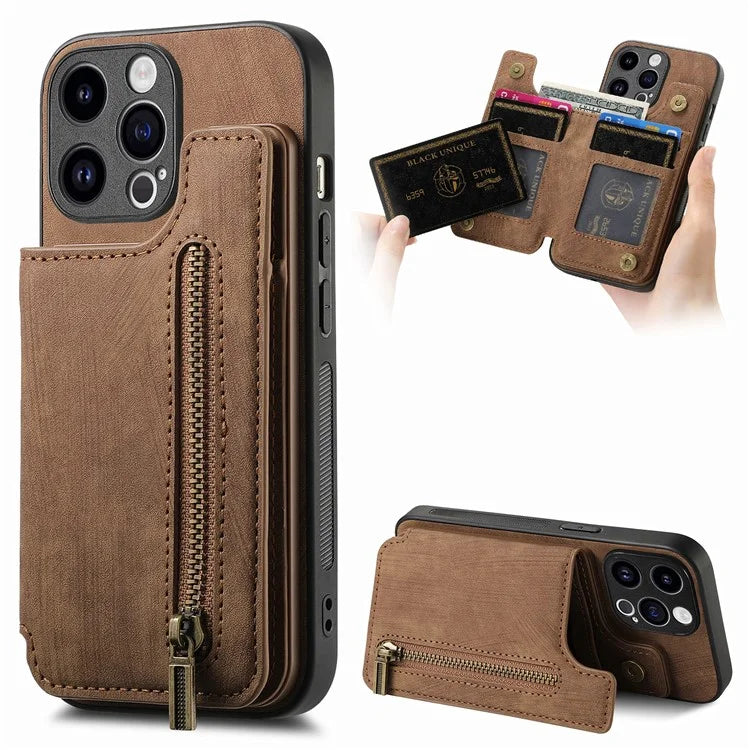 D15 For iPhone 15 Pro Max Kickstand Case Retro PU+TPU Wallet Phone Cover