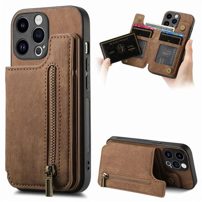 D15 For iPhone 15 Pro Max Kickstand Case Retro PU+TPU Wallet Phone Cover