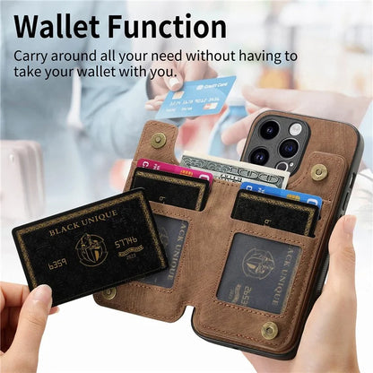 D15 For iPhone 15 Pro Max Kickstand Case Retro PU+TPU Wallet Phone Cover