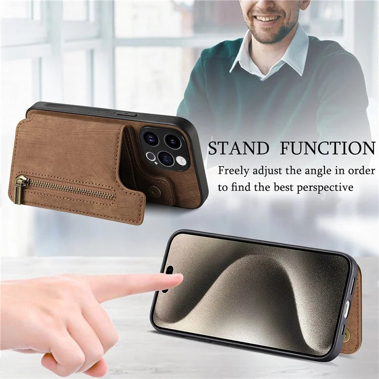 D15 For iPhone 15 Pro Max Kickstand Case Retro PU+TPU Wallet Phone Cover