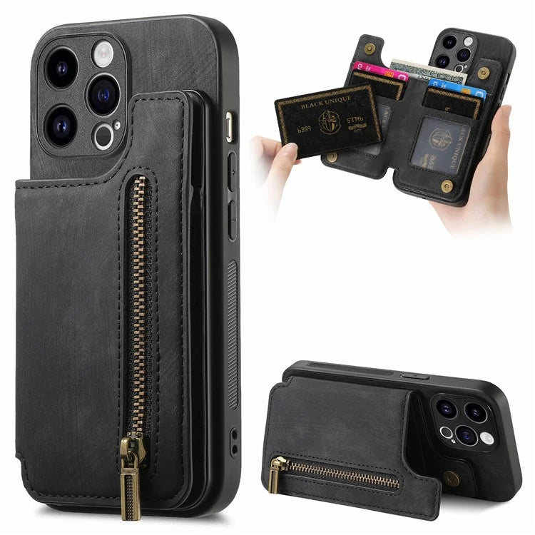 D15 For iPhone 15 Pro Max Kickstand Case Retro PU+TPU Wallet Phone Cover