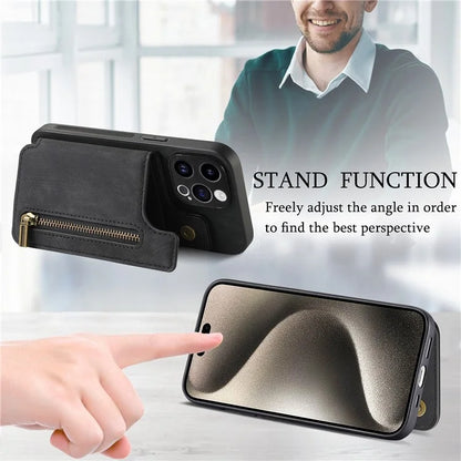 D15 For iPhone 15 Pro Max Kickstand Case Retro PU+TPU Wallet Phone Cover