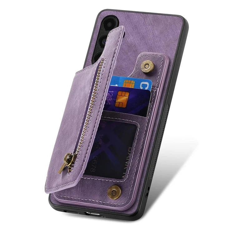 D15 For Samsung Galaxy A13 4G Case Retro Leather+TPU Phone Cover with Zipper Pocket+Kickstand
