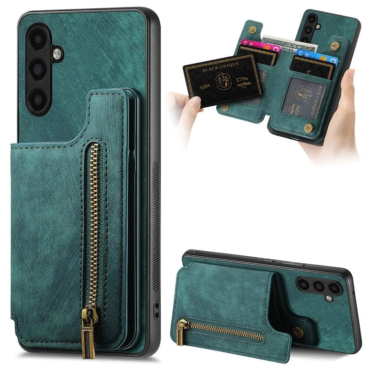D15 For Samsung Galaxy A13 4G Case Retro Leather+TPU Phone Cover with Zipper Pocket+Kickstand
