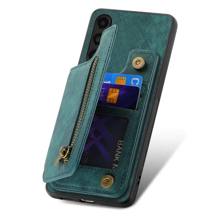 D15 For Samsung Galaxy A13 4G Case Retro Leather+TPU Phone Cover with Zipper Pocket+Kickstand