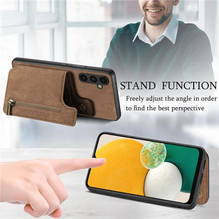 D15 For Samsung Galaxy A13 5G / A04s 4G (164.7 x 76.7 x 9.1 mm) Wallet Case Retro PU+TPU Kickstand Phone Cover