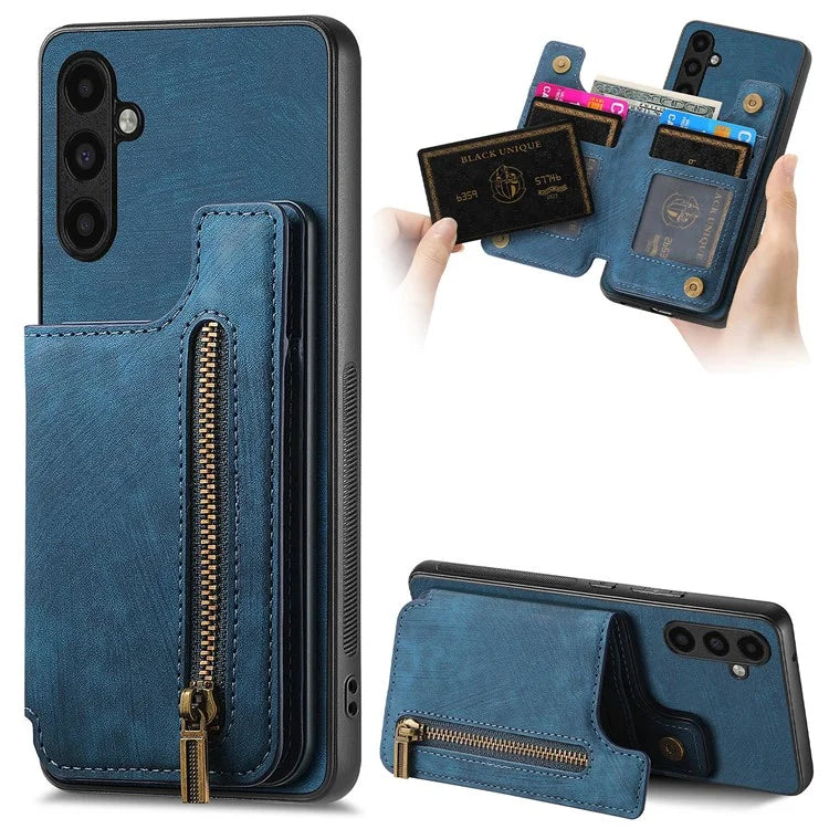 D15 For Samsung Galaxy A13 5G / A04s 4G (164.7 x 76.7 x 9.1 mm) Wallet Case Retro PU+TPU Kickstand Phone Cover