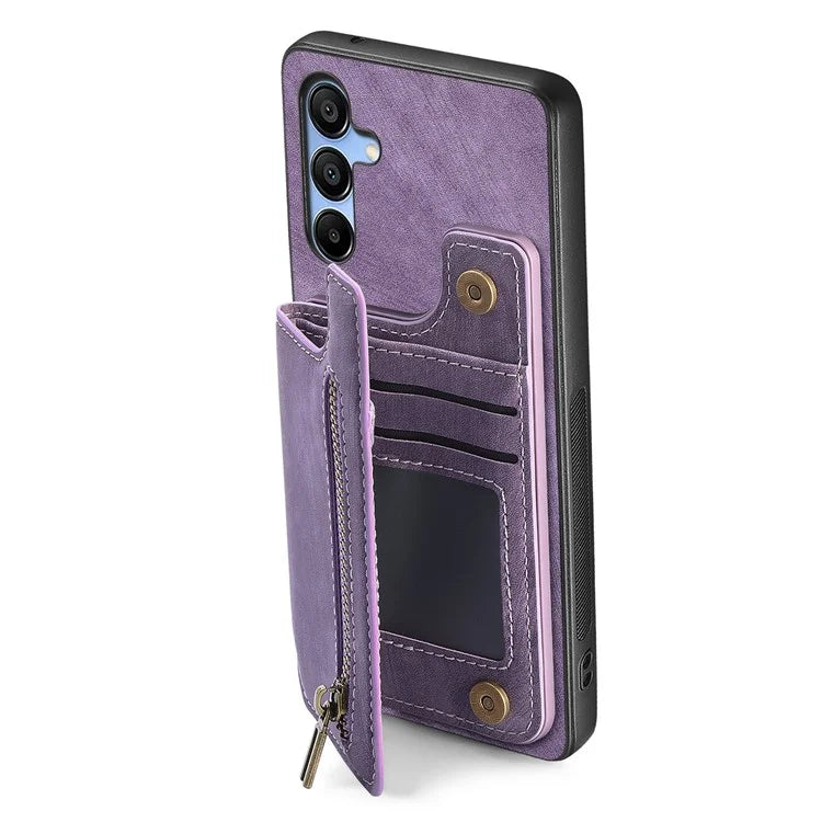 D15 For Samsung Galaxy A25 5G (Global) (161.0 x 76.5 x 8.3mm) Kickstand Case Zipper Wallet Retro Phone Cover