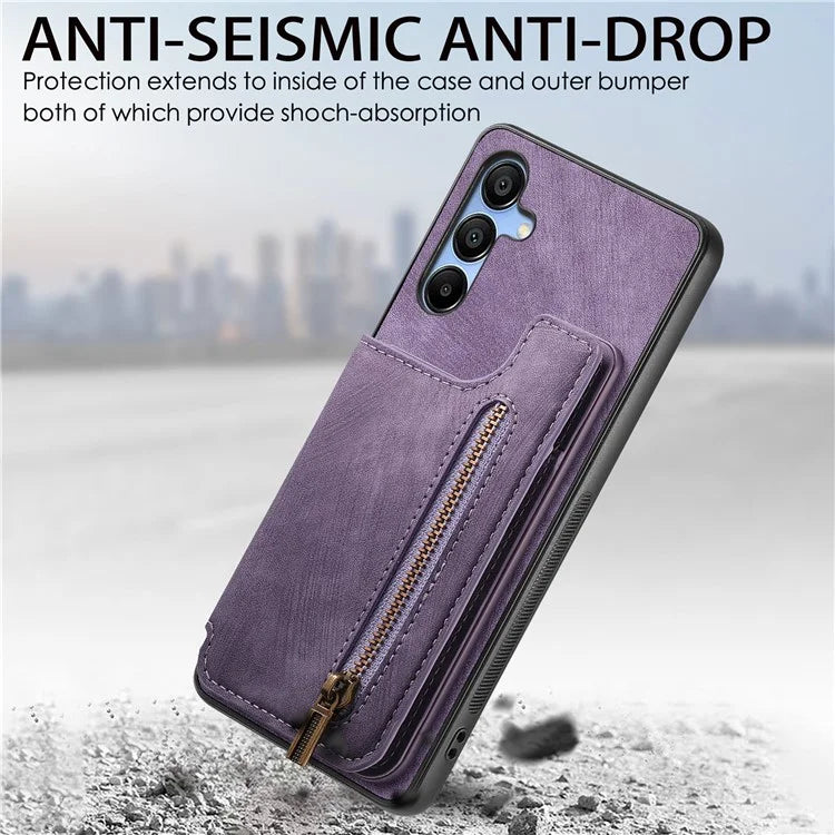 D15 For Samsung Galaxy A15 4G / 5G Case Retro Leather+TPU Wallet Zipper Pocket Phone Cover