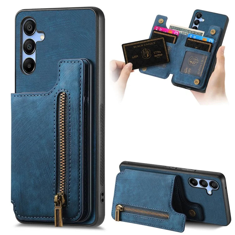 D15 For Samsung Galaxy A15 4G / 5G Case Retro Leather+TPU Wallet Zipper Pocket Phone Cover