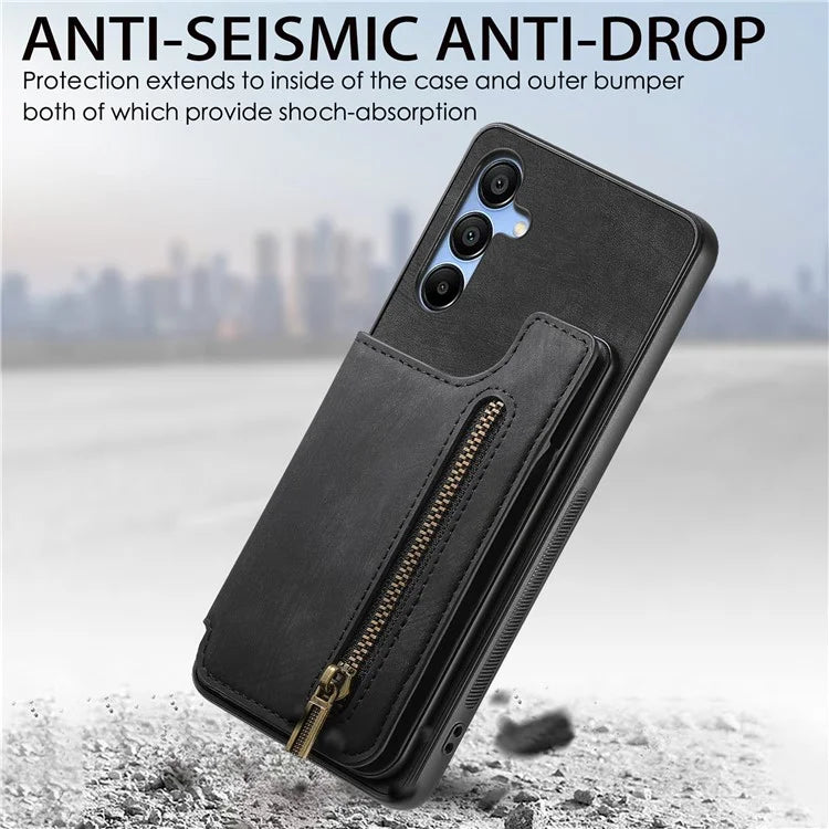 D15 For Samsung Galaxy A15 4G / 5G Case Retro Leather+TPU Wallet Zipper Pocket Phone Cover