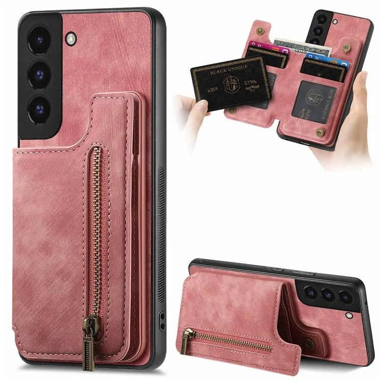 D15 For Samsung Galaxy S22 5G Wallet Case Kickstand Retro PU+TPU Phone Cover