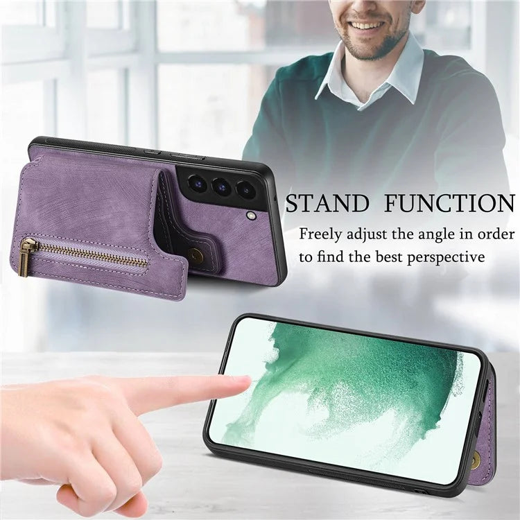 D15 For Samsung Galaxy S22 5G Wallet Case Kickstand Retro PU+TPU Phone Cover