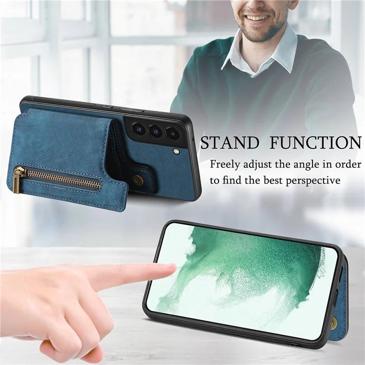D15 For Samsung Galaxy S22 5G Wallet Case Kickstand Retro PU+TPU Phone Cover